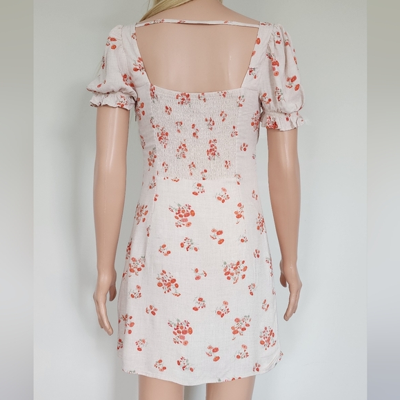 BARDOT FLORAL BEIGE SMOCKED COTTON CAP SLEEVES MINI SHORT SEXY DRESS 6 SMALL - Picture 9 of 14